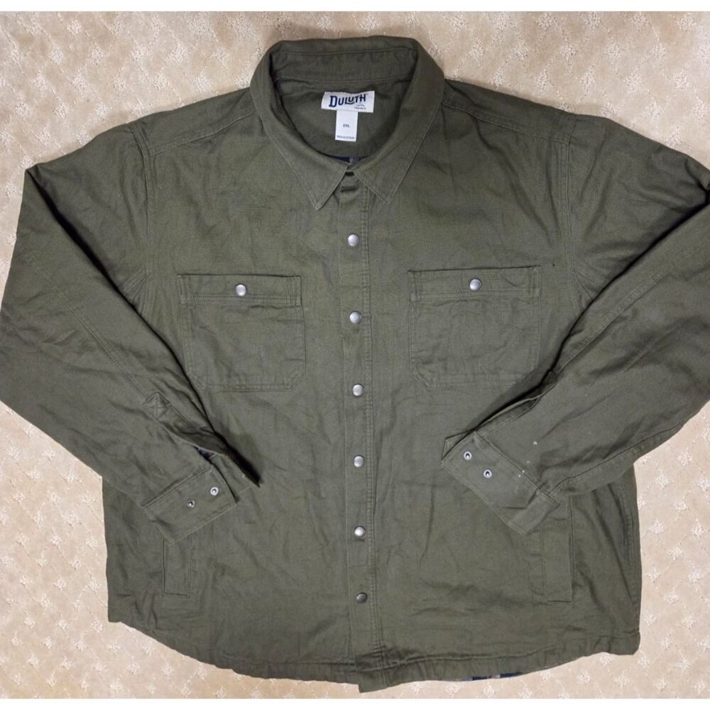 Duluth Trading Co Shirt Jacket Mens 2XL Olive Green Canvas Flannel Lined